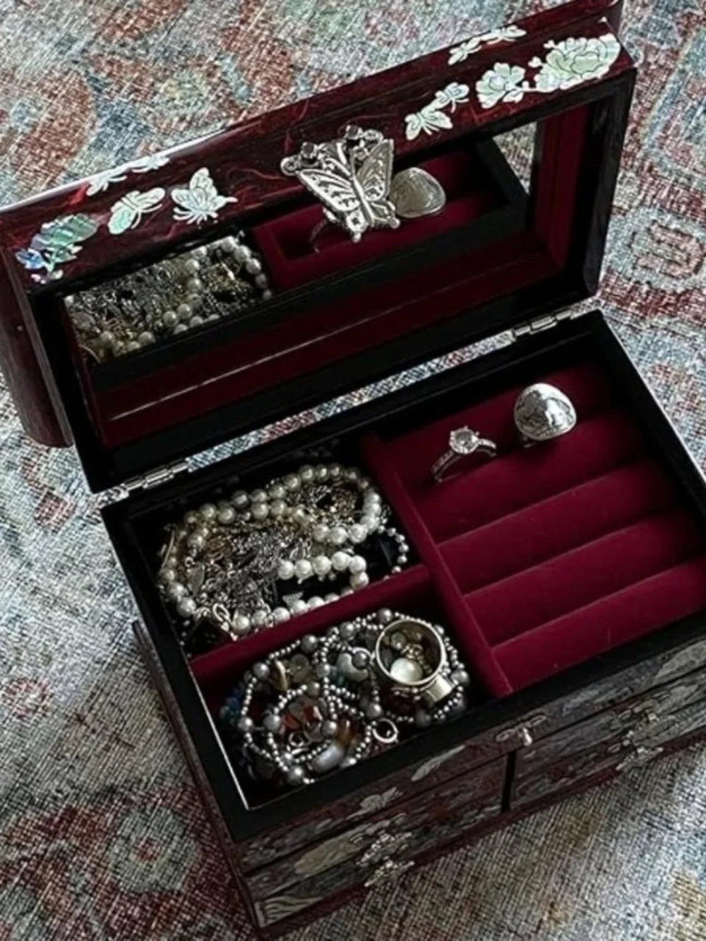 Mother-of-Pearl Inlaid Jewelry Box - Deep Burgundy